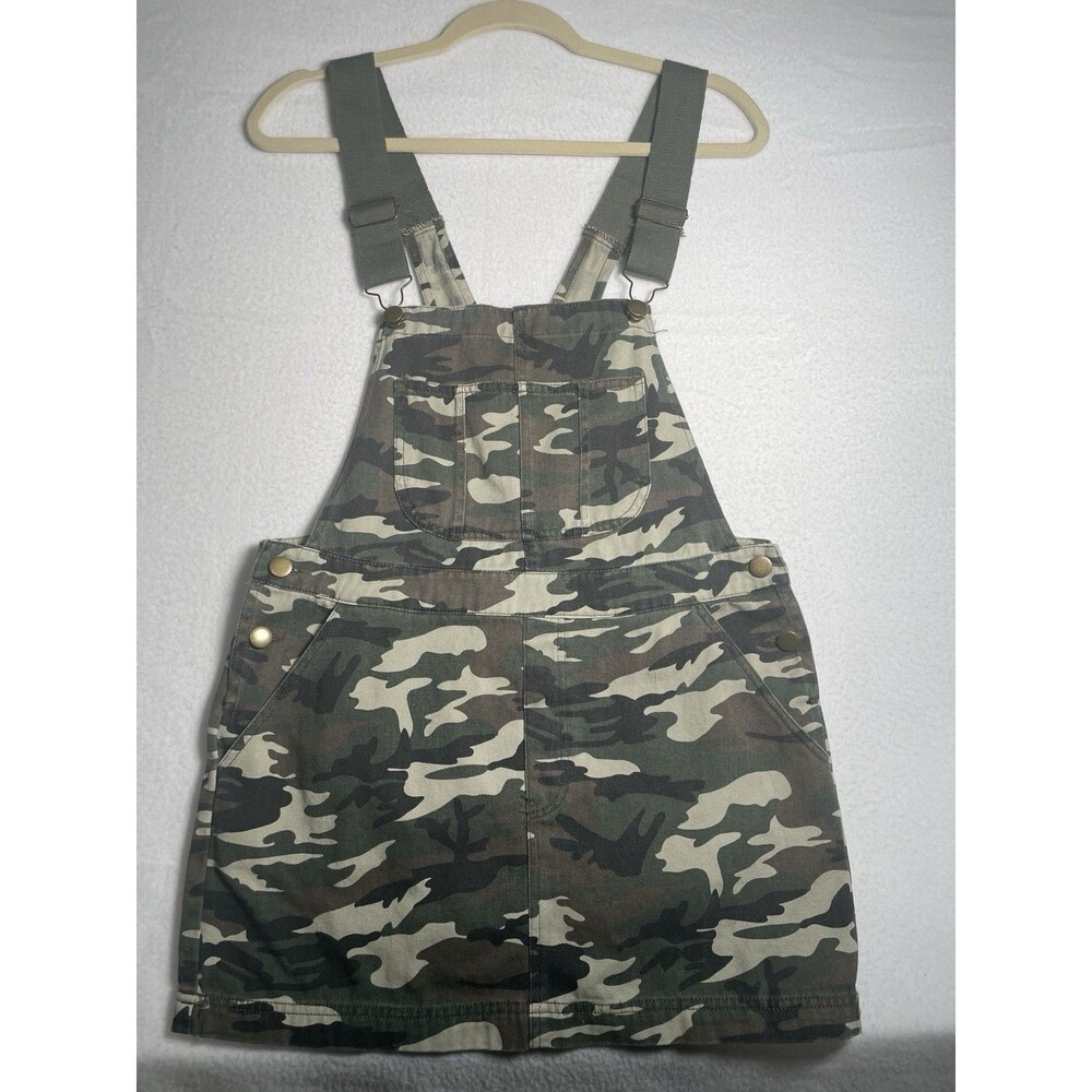 Forever 21 M Medium Camo Denim Overalls Womens 4 6 7 Pockets Skirt Jumpsuit Y2K